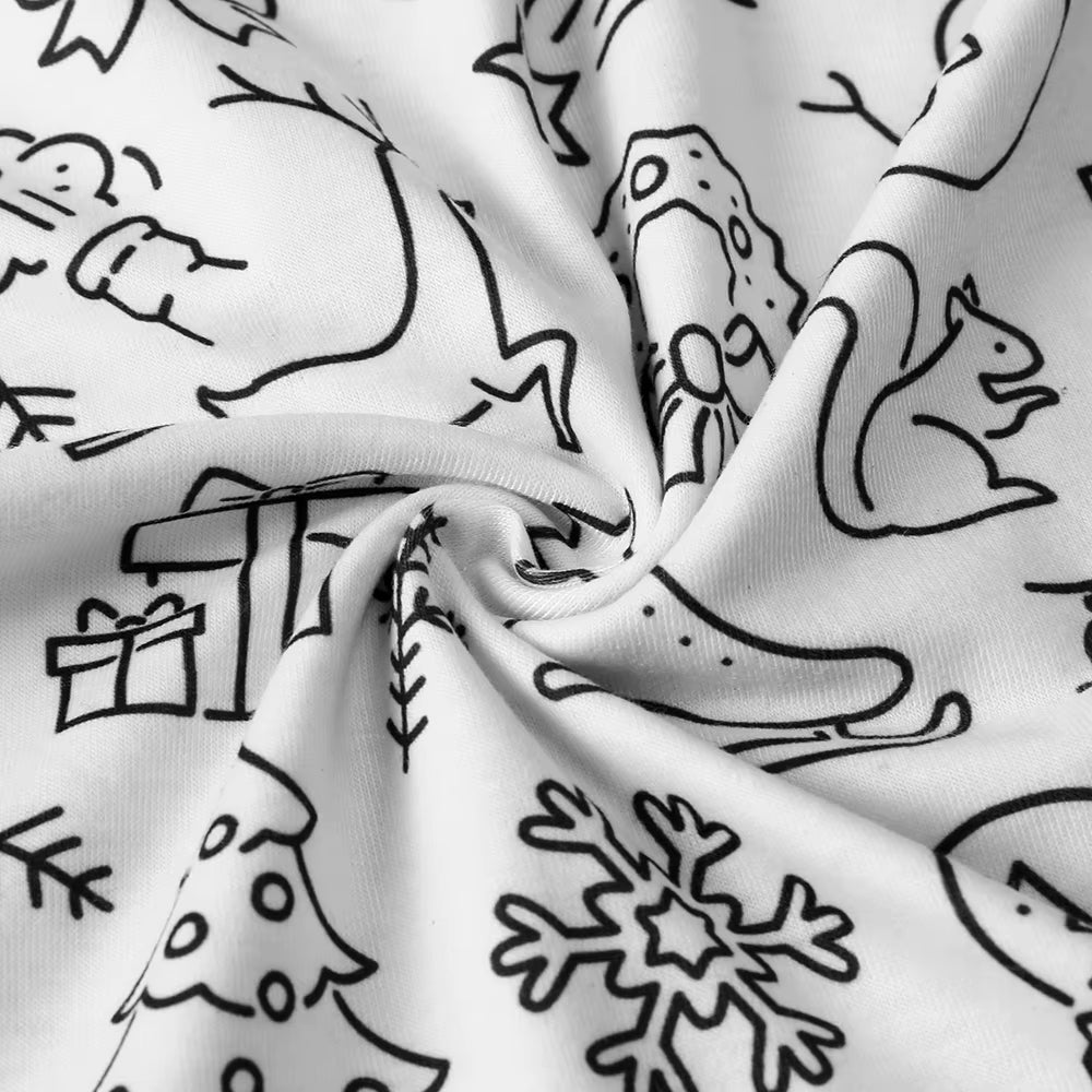 Detail of The Coloring Pajama's soft cotton fabric with a Holiday-themed line-art print